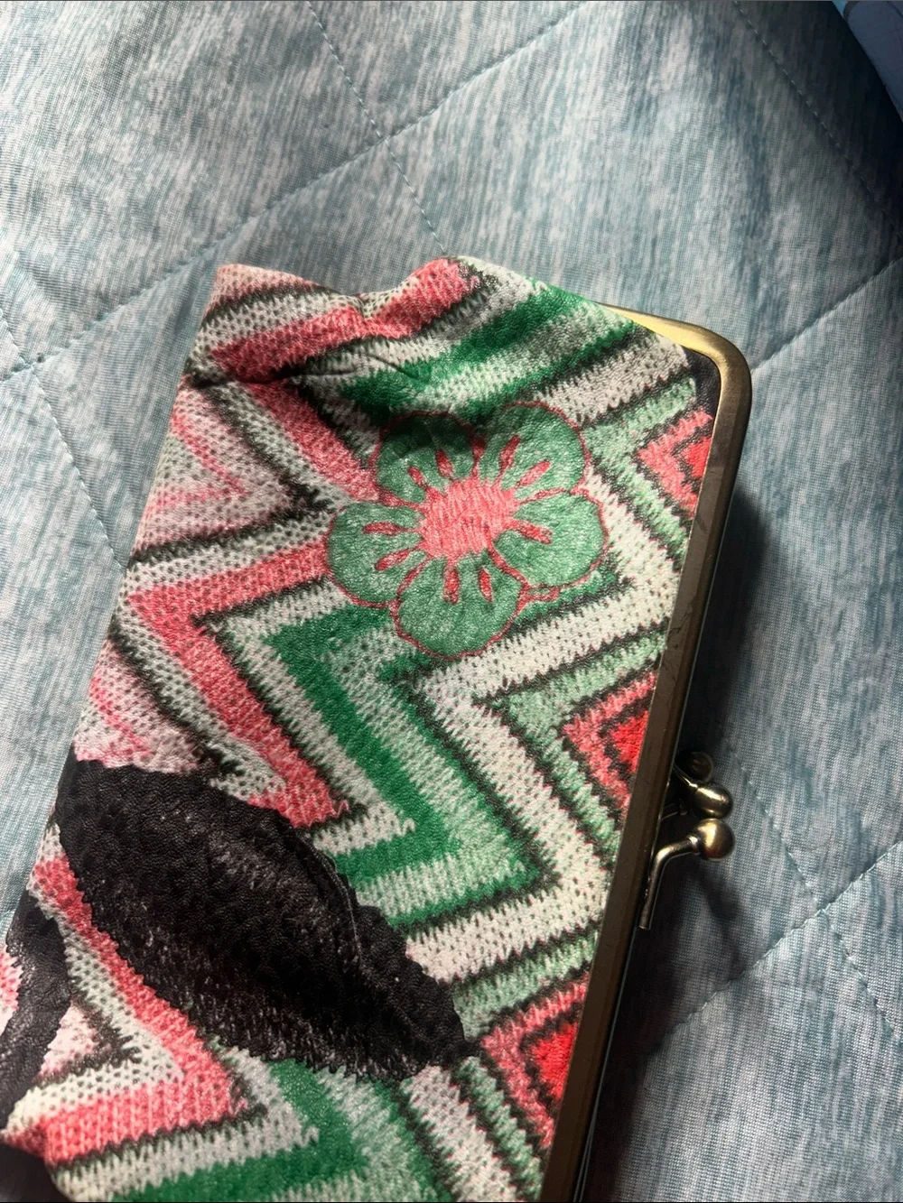 Floral Kiss-Lock Clutch Wallet in Pink, Green & Black